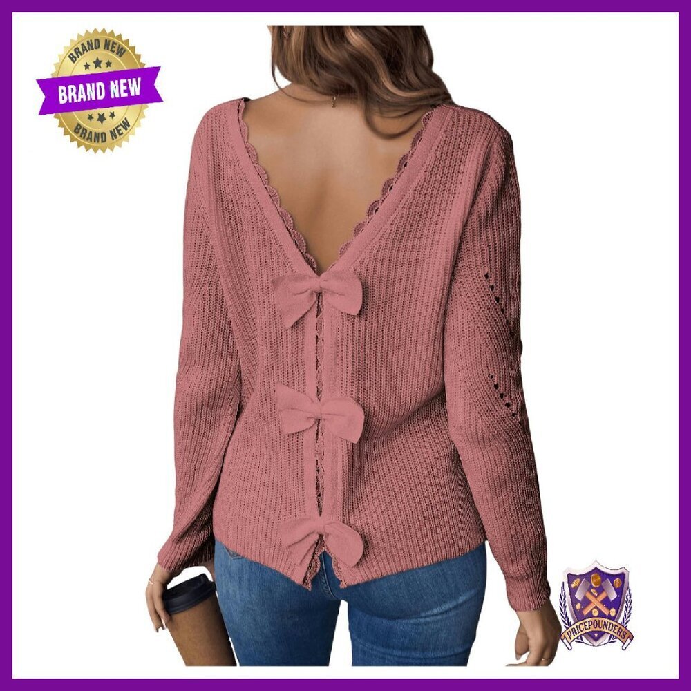 Lace Bow Back V-Neck Pullover Sweater - Soft Stretch Fabric - Long Sleeve
